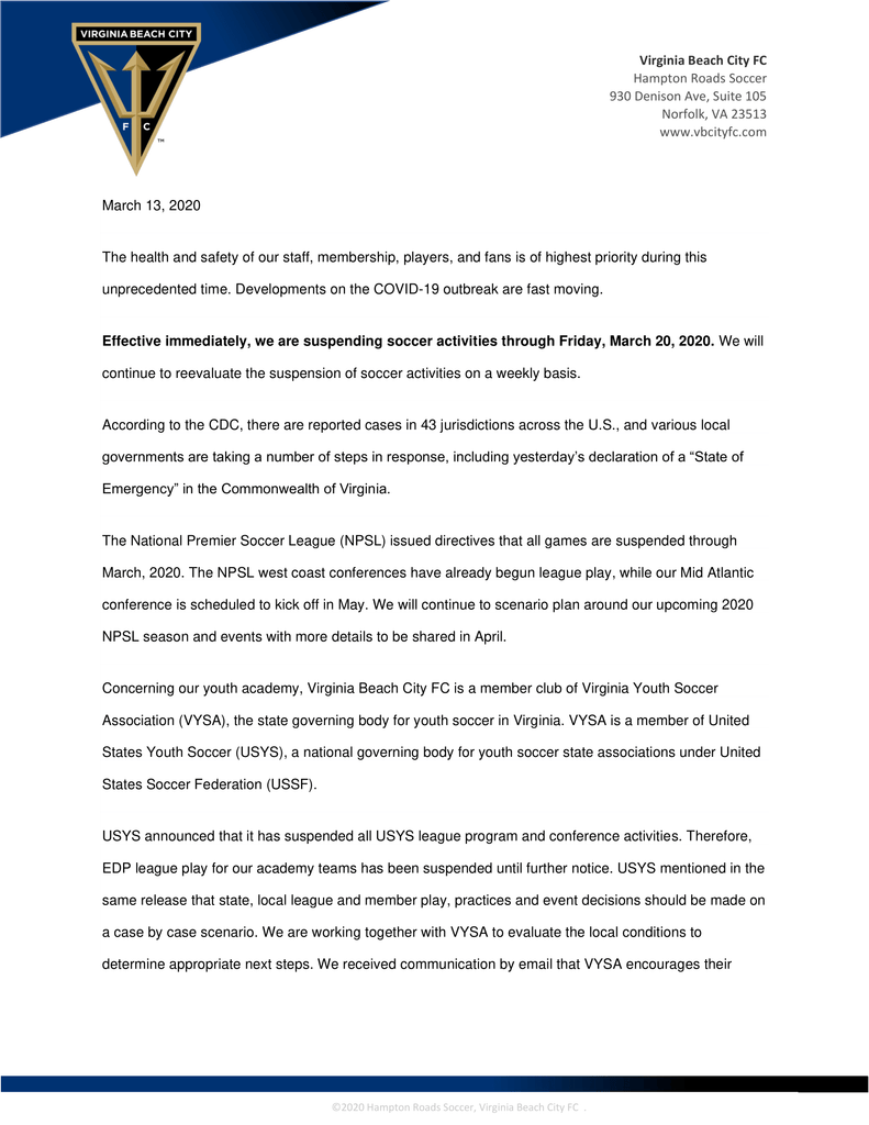 March 13, 2020 Virginia Beach City FC Statement