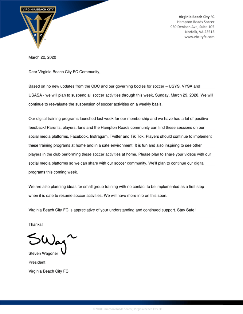 March 22, 2020 Virginia Beach City FC Statement