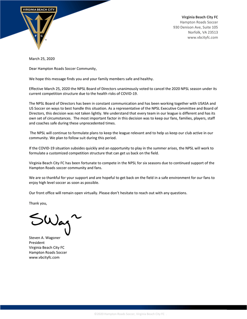 A MESSAGE FROM STEVEN WAGONER, VB CITY FC TEAM PRESIDENT